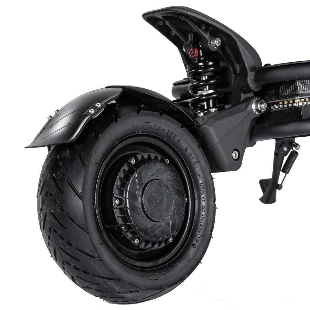 Close-up view of the rear wheel and suspension system of the electric scooter Nami Blast 2 Max