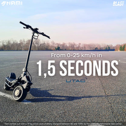 An electric scooter Nami Blast 2 Max showcased on an empty asphalt surface, highlighting its acceleration from 0 to 25 km/h in 15 seconds