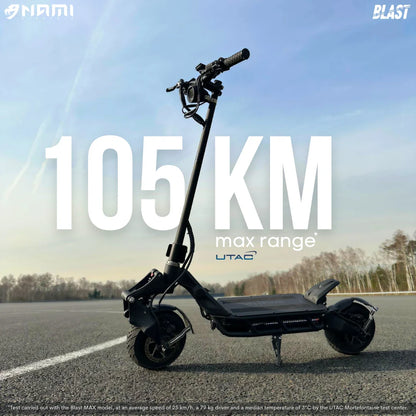 An electric scooter Nami Blast 2 Max is showcased on a road, highlighting its maximum range of 105 km