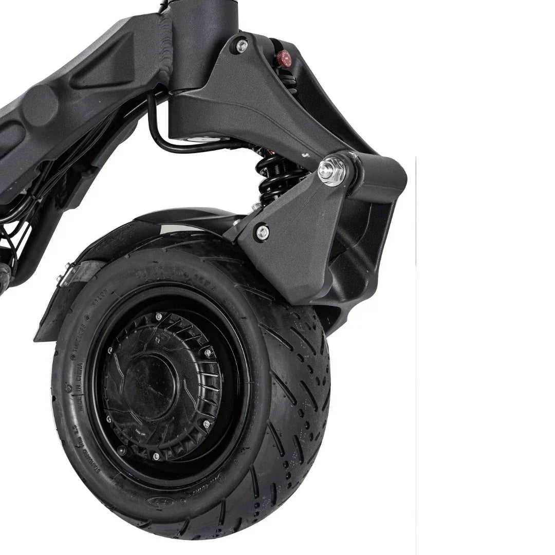 Electric Scooter Nami Blast Max, featuring a robust suspension system and a durable rear tire design.