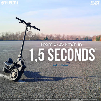 Electric Scooter Nami Blast Max, accelerates from 0 to 25 km/h in just 1.5 seconds for thrilling rides.