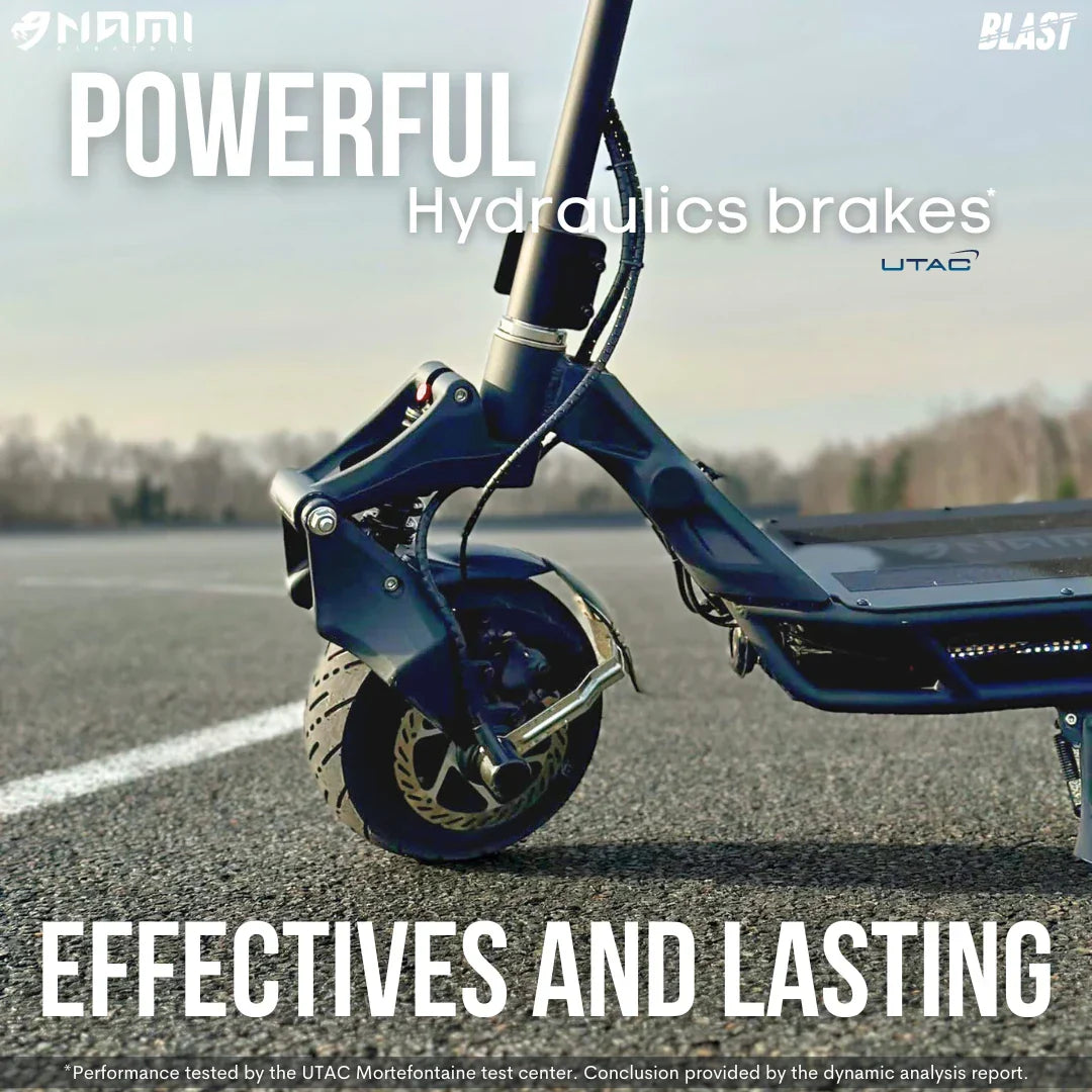 Electric Scooter Nami Blast Max features powerful hydraulic brakes, ensuring effective and lasting performance.