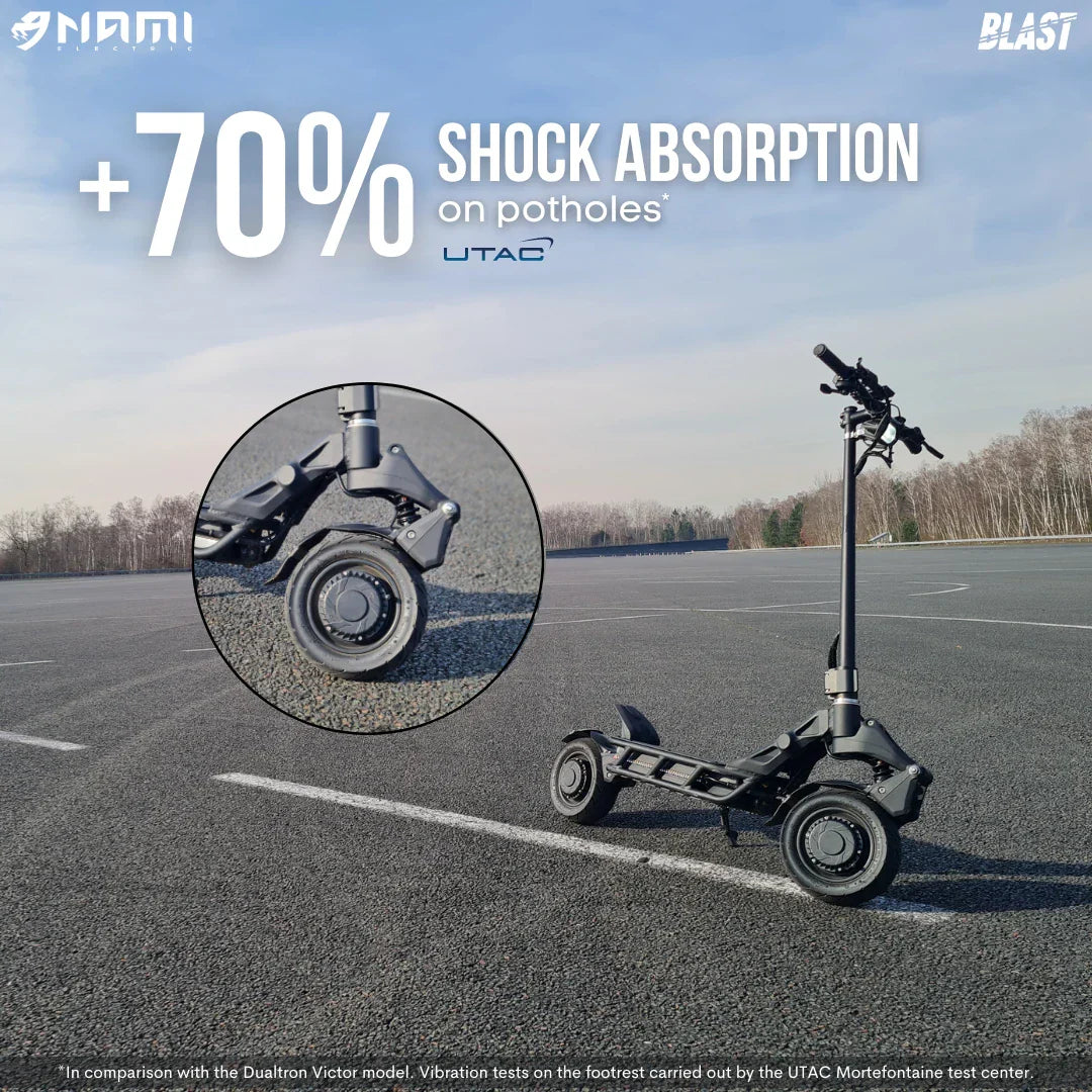 Product title: Electric Scooter Nami Blast Max. Description: Nami Blast Max features enhanced shock absorption of over 70% on potholes, sleek design.