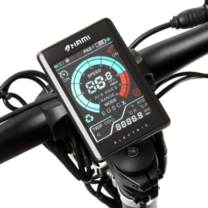 Electric Scooter Nami Burn E 3 features a detailed display showing speed, range, and trip data.