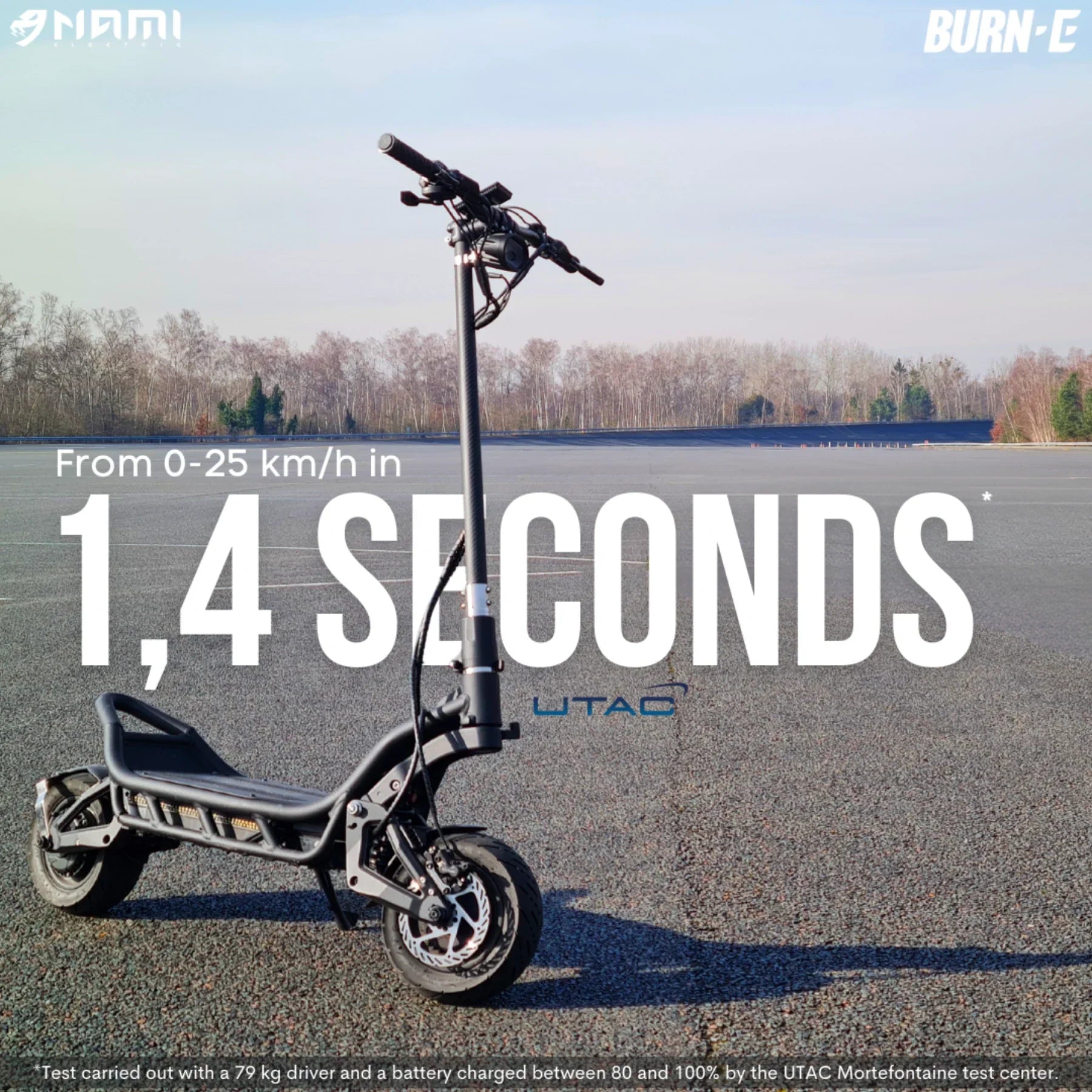 Electric Scooter Nami Burn E 3 Max, accelerates from 0 to 25 km/h in just 1.4 seconds, sleek design.