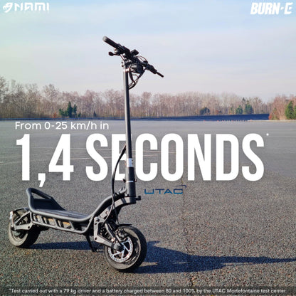 Electric Scooter Nami Burn E 3 Max, accelerates from 0 to 25 km/h in just 1.4 seconds, sleek design.