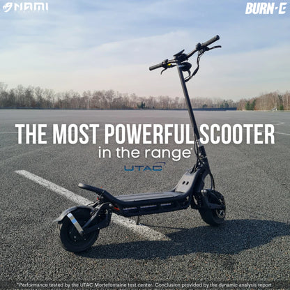 Electric Scooter Nami Burn E 3 Max, designed for powerful performance, featuring a sleek black frame and wide tires.