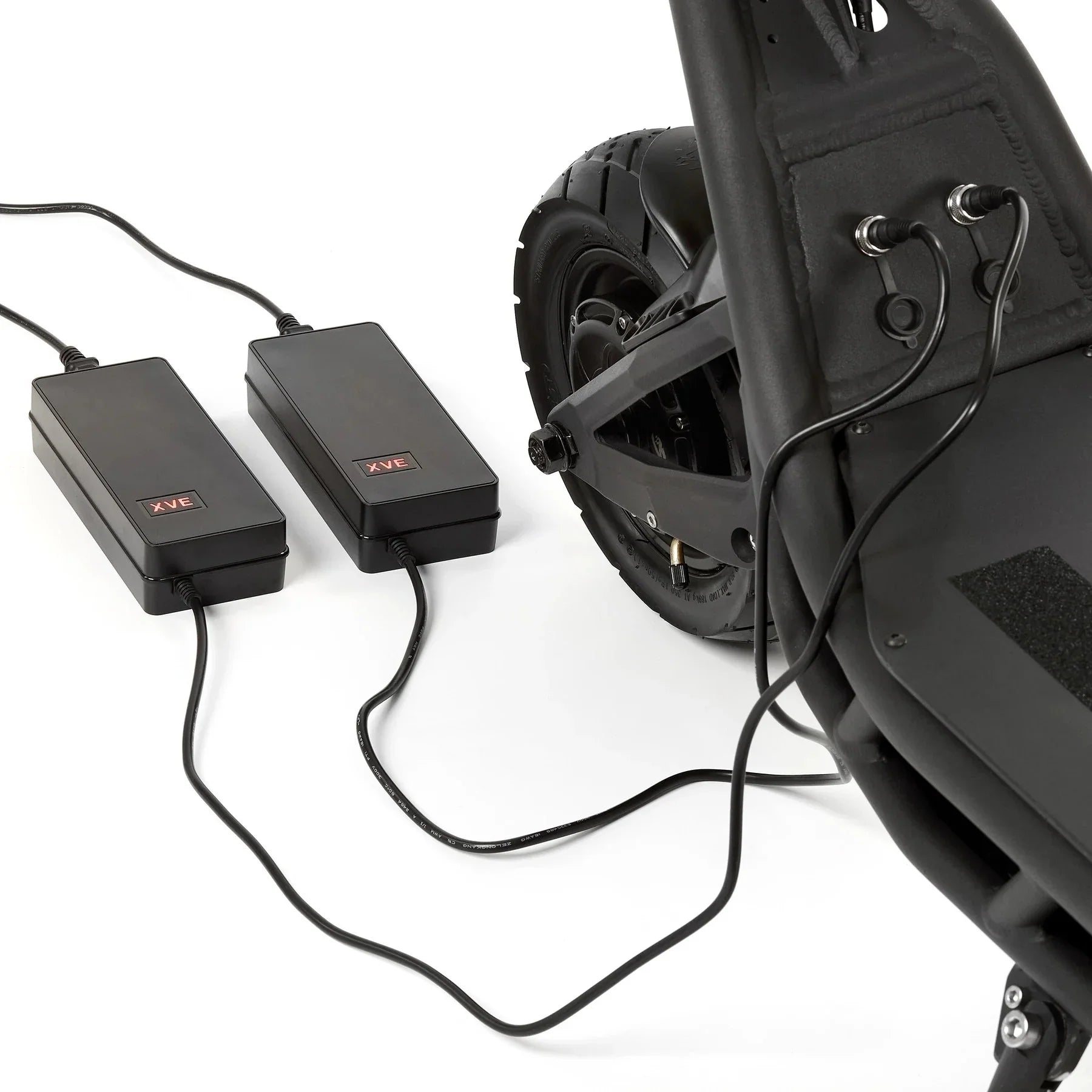Electric Scooter Nami Burn E 3 Max, features two black charging units connected to the scooter for power.