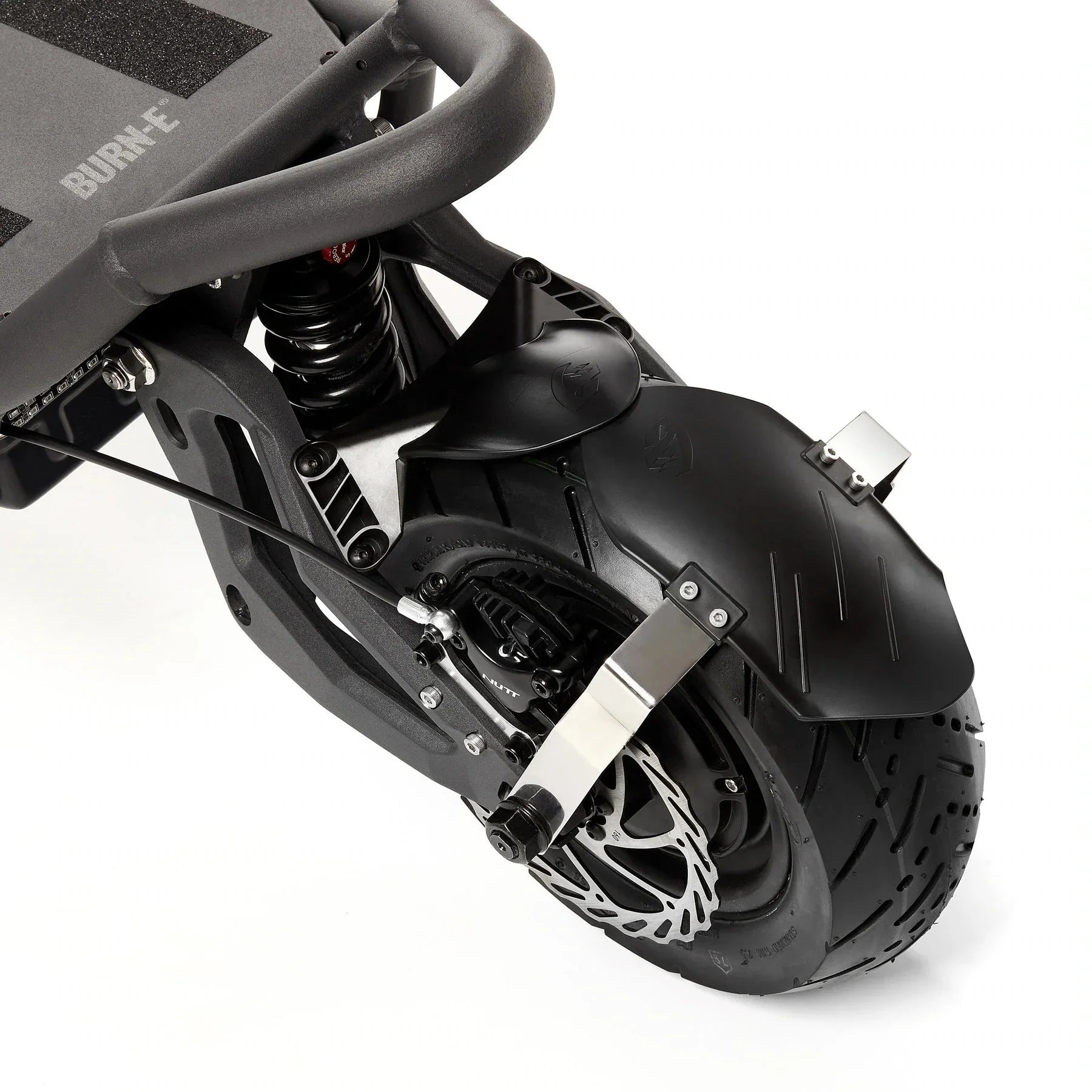 Electric Scooter Nami Burn E 3 Max features a robust rear wheel setup, showcasing its durable design, high-performance tire, and brake system.