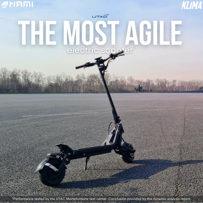 Electric Scooter Nami Klima features an agile design, sleek black frame, and robust wheels, ideal for urban travel.