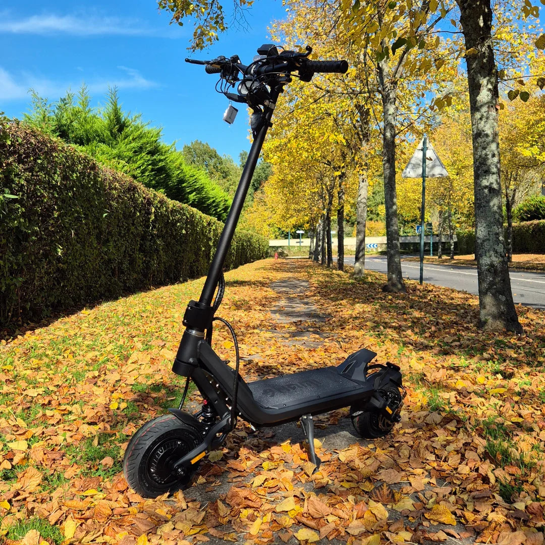 Electric Scooter Nami Klima, sleek black design parked amidst autumn leaves, perfect for outdoor adventures.
