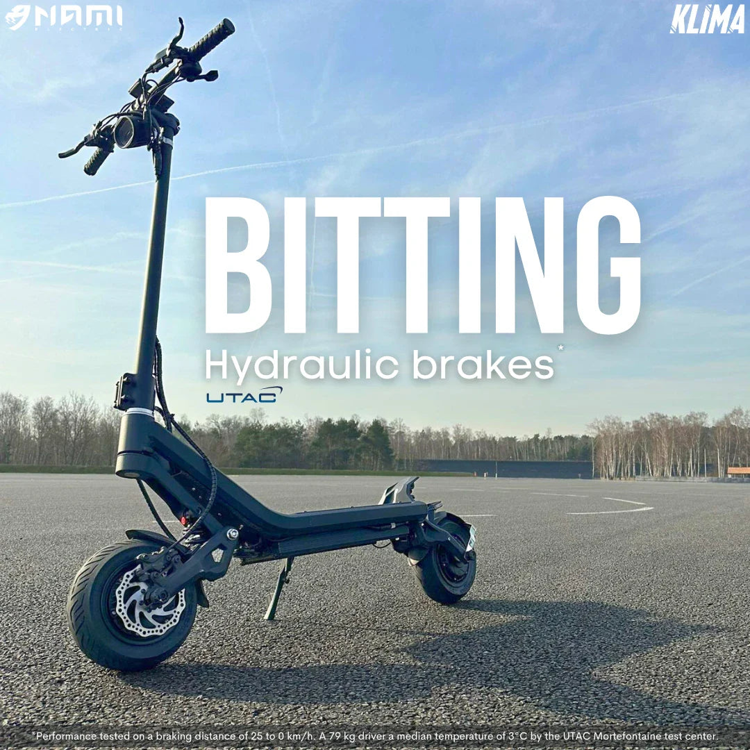 Electric Scooter Nami Klima Max features a sleek design, hydraulic brakes, and rugged tires for superior performance.