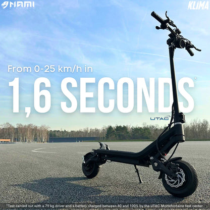 Electric Scooter Nami Klima Max, accelerates from 0-25 km/h in just 1.6 seconds, sleek design and robust build.