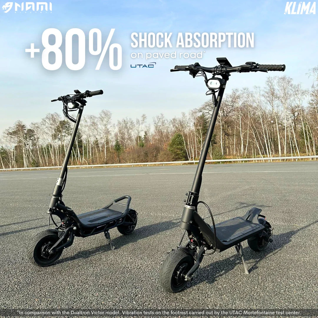 Electric Scooter Nami Klima Max, designed for optimal riding comfort with 80% shock absorption on paved roads.