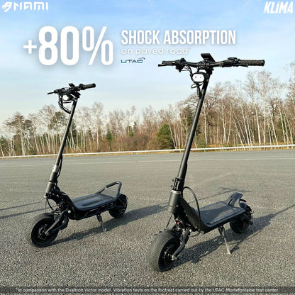 Electric Scooter Nami Klima Max, designed for optimal riding comfort with 80% shock absorption on paved roads.