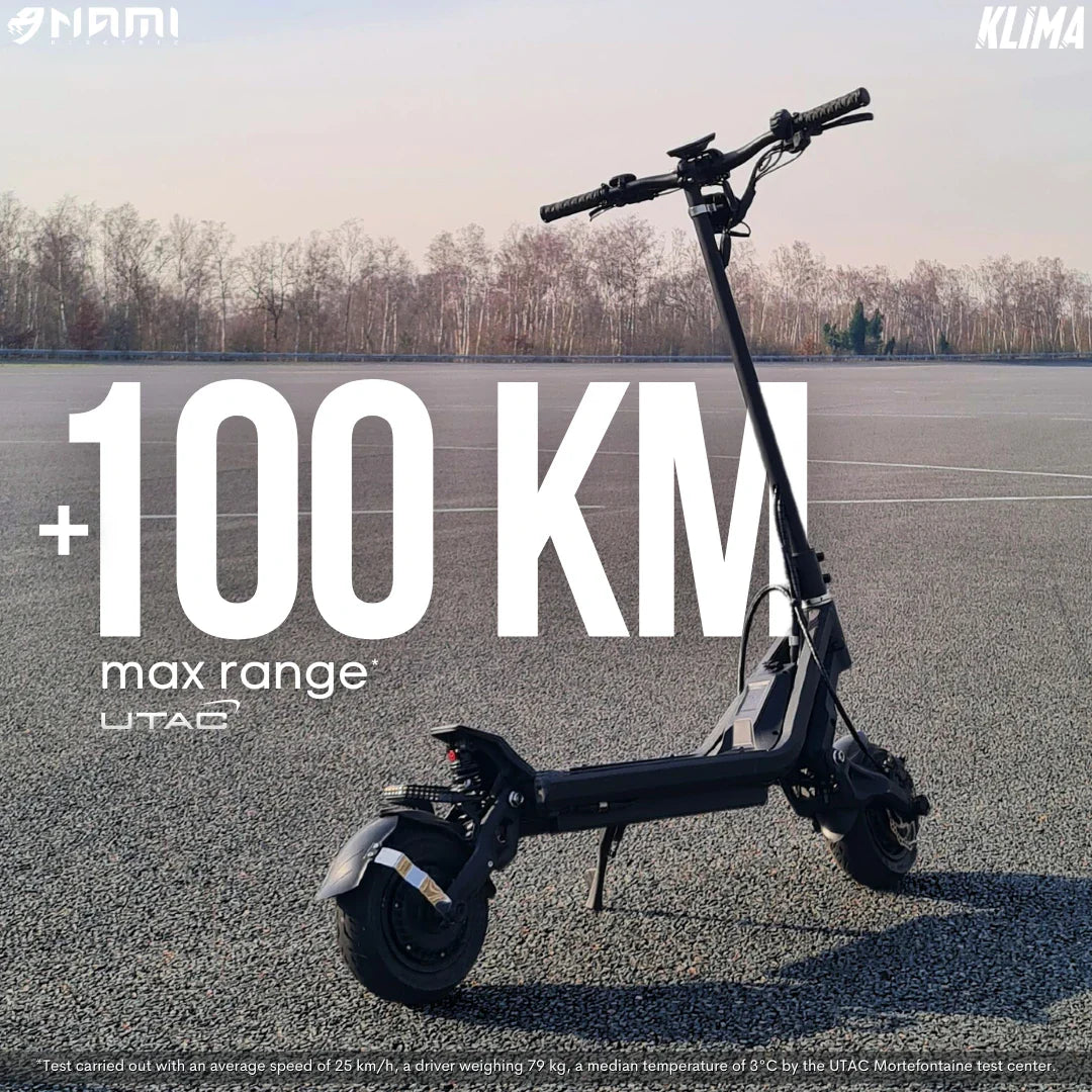 Electric Scooter Nami Klima Max features a sleek design, offering a maximum range of over 100 KM for ultimate convenience.