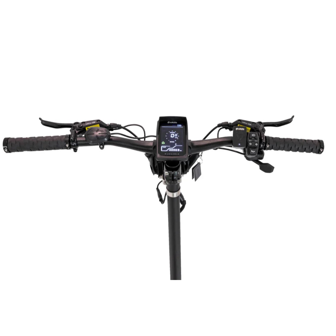 Electric Scooter Nami Klima One features a sleek handlebar with LCD display, throttle, and brake controls.