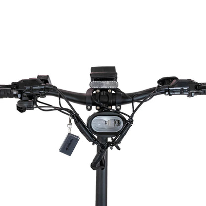 Electric Scooter Nami Klima One features a sleek handlebar setup, displaying controls, a headlight, and wires.