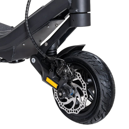 Electric Scooter Nami Stellar features a robust front wheel, dynamic suspension, and efficient disc brake system.
