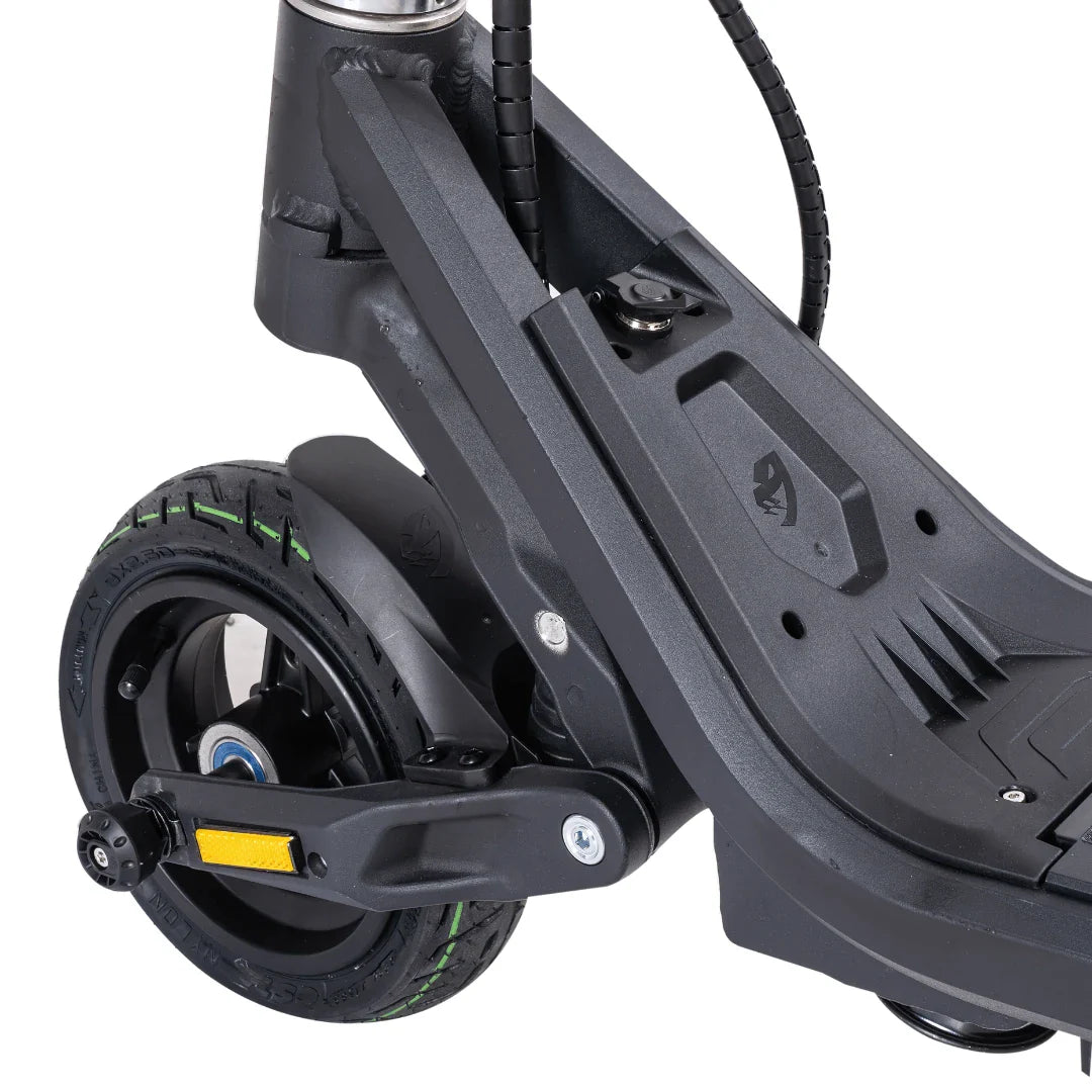 Electric Scooter Nami Stellar features a sturdy frame, sleek design, and durable rear wheel with green accents.