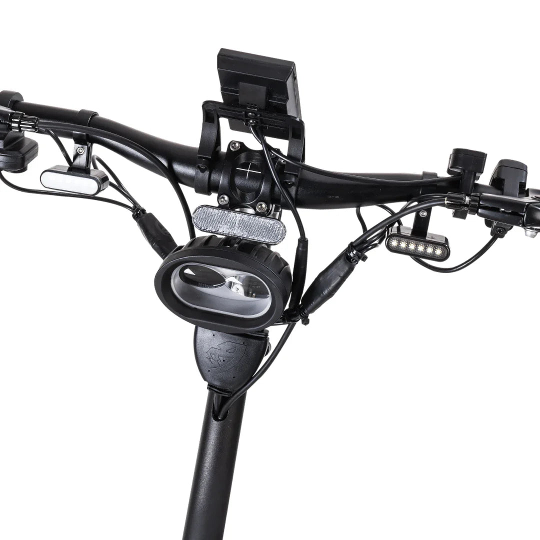 Electric Scooter Nami Stellar features a sleek black handlebar, LED headlight, and multiple controls for a smooth ride.