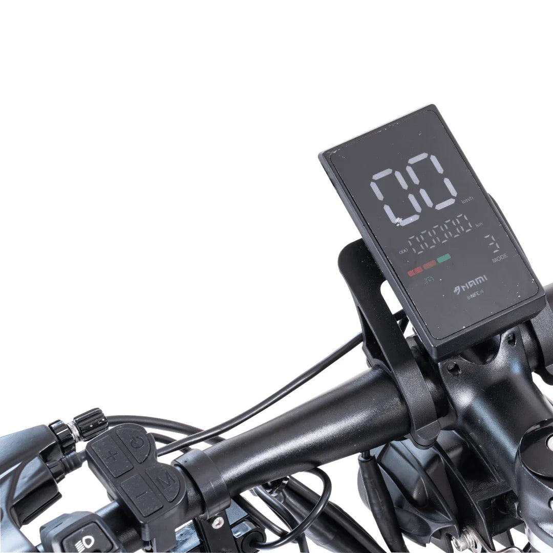 Electric Scooter Nami Stellar, featuring a digital display panel with speed, mode, and battery indicators.