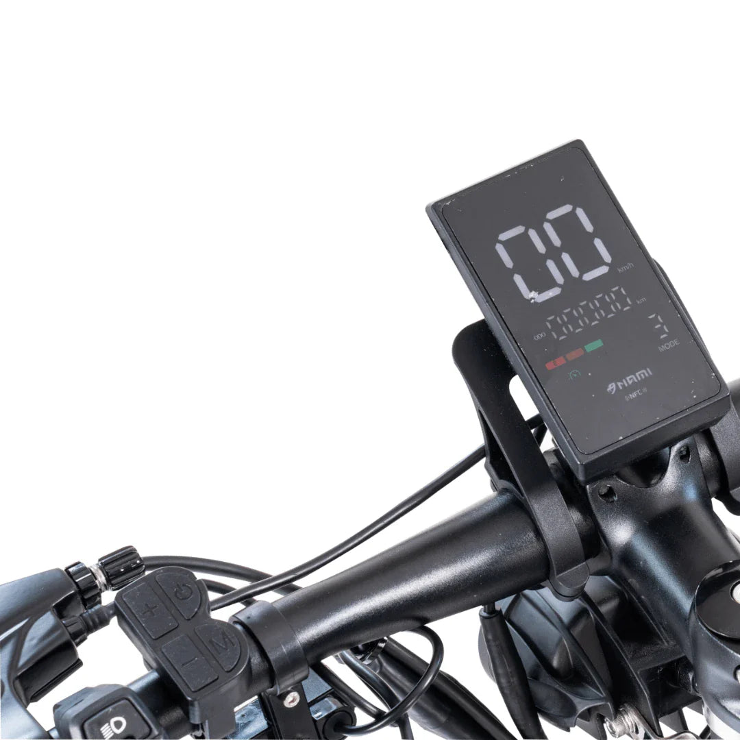 Electric Scooter Nami Superstellar features a sleek control panel, displaying speed and mode indicators.