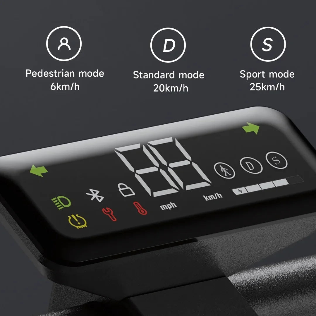 Electric Scooter Navee S40 features a digital display showing speed modes: Pedestrian, Standard, and Sport.