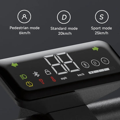 Electric Scooter Navee S40 features a digital display showing speed modes: Pedestrian, Standard, and Sport.