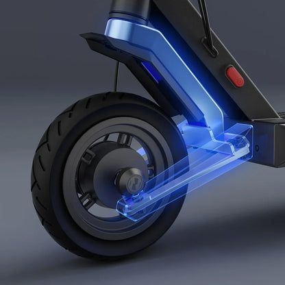 Electric Scooter Navee S40 features a sleek design, illuminated footrest, and robust rear wheel for stability.