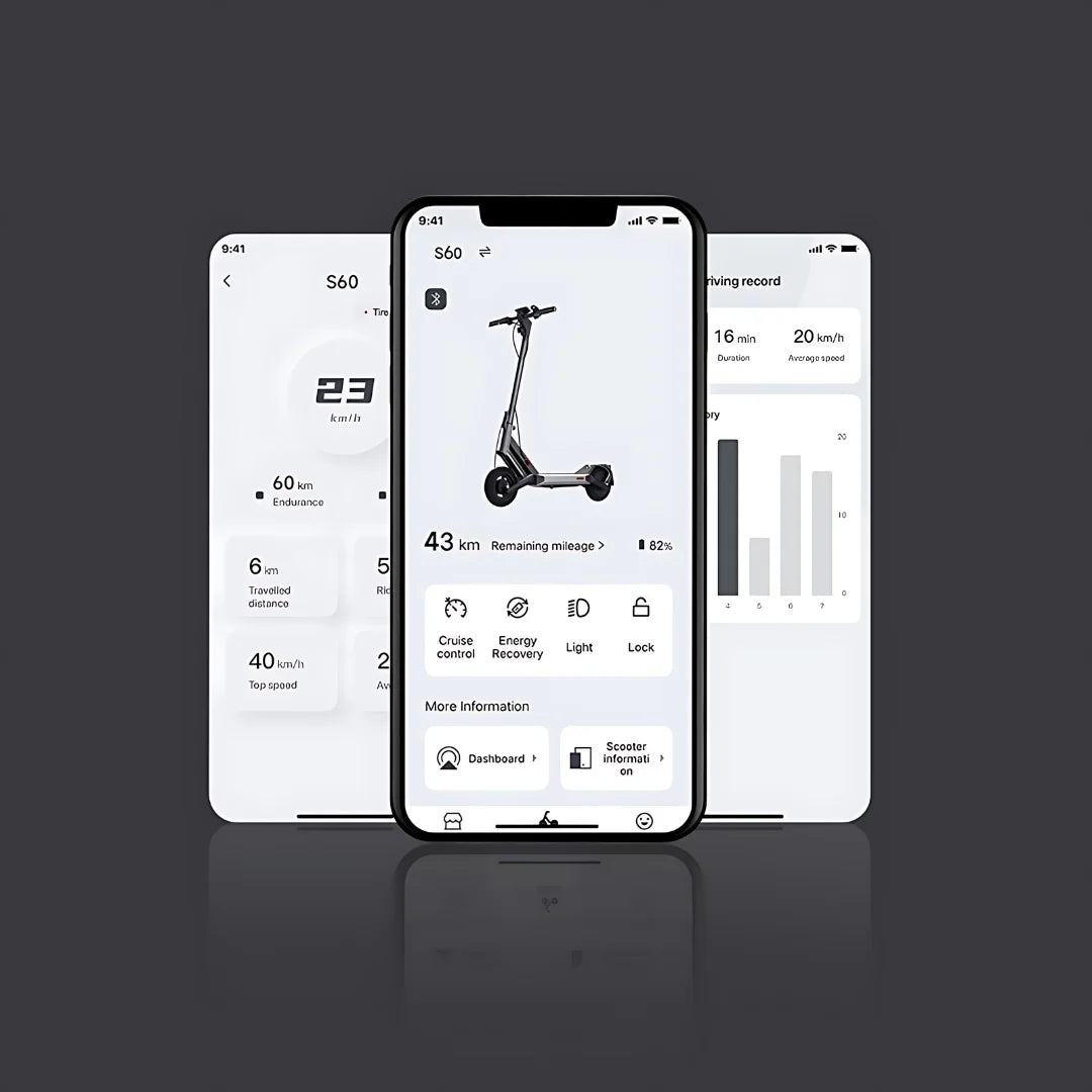 Electric Scooter Navee S40, showcasing app interface with real-time stats like speed, mileage, and settings.