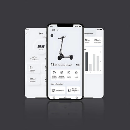 Electric Scooter Navee S40, showcasing app interface with real-time stats like speed, mileage, and settings.
