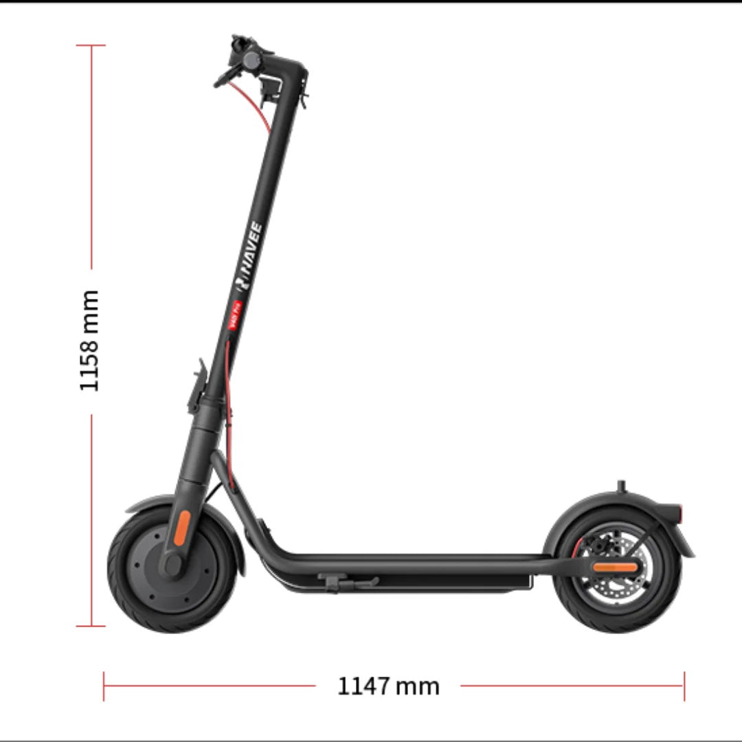 Electric Scooter Navee V50i Pro features a sleek black design, dimensions of 1158 mm height and 1147 mm length.