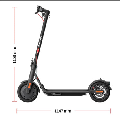 Electric Scooter Navee V50i Pro features a sleek black design, dimensions of 1158 mm height and 1147 mm length.