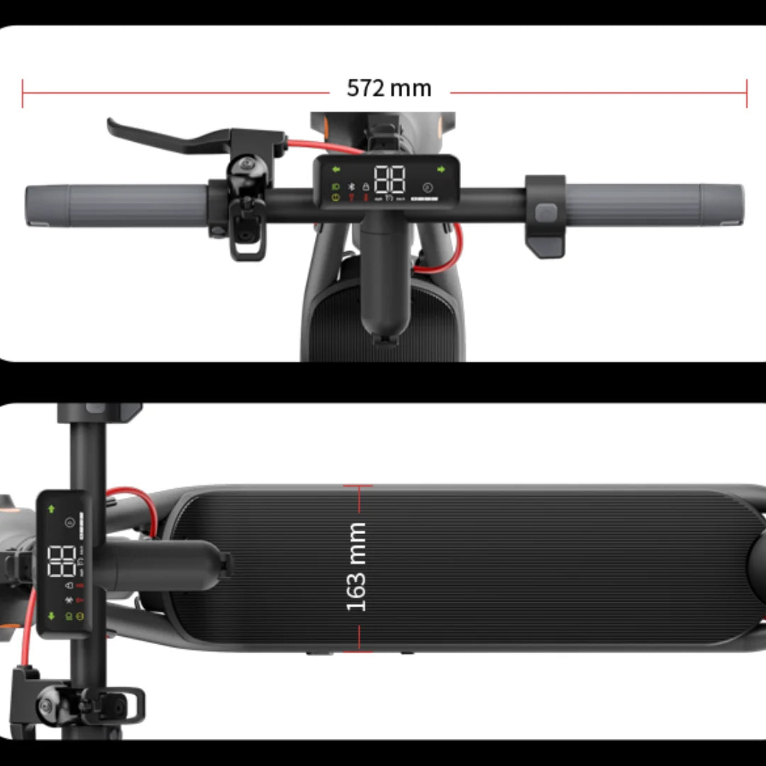Electric Scooter Navee V50i Pro features a sleek design with a width of 572 mm and a deck height of 163 mm.