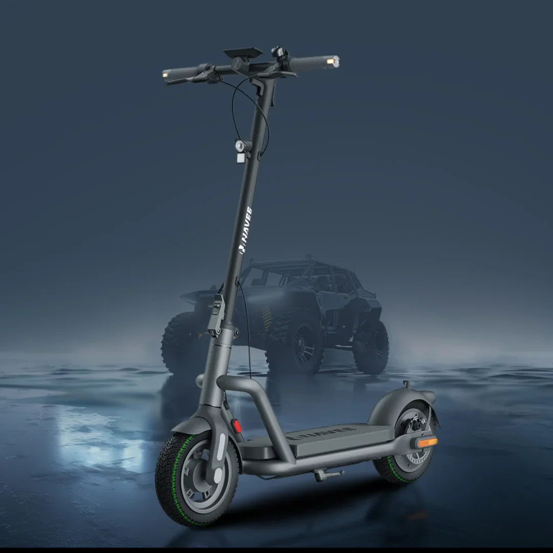 Electric Scooter Navee V50i Pro features a sleek design, sturdy frame, bright headlights, and durable tires.