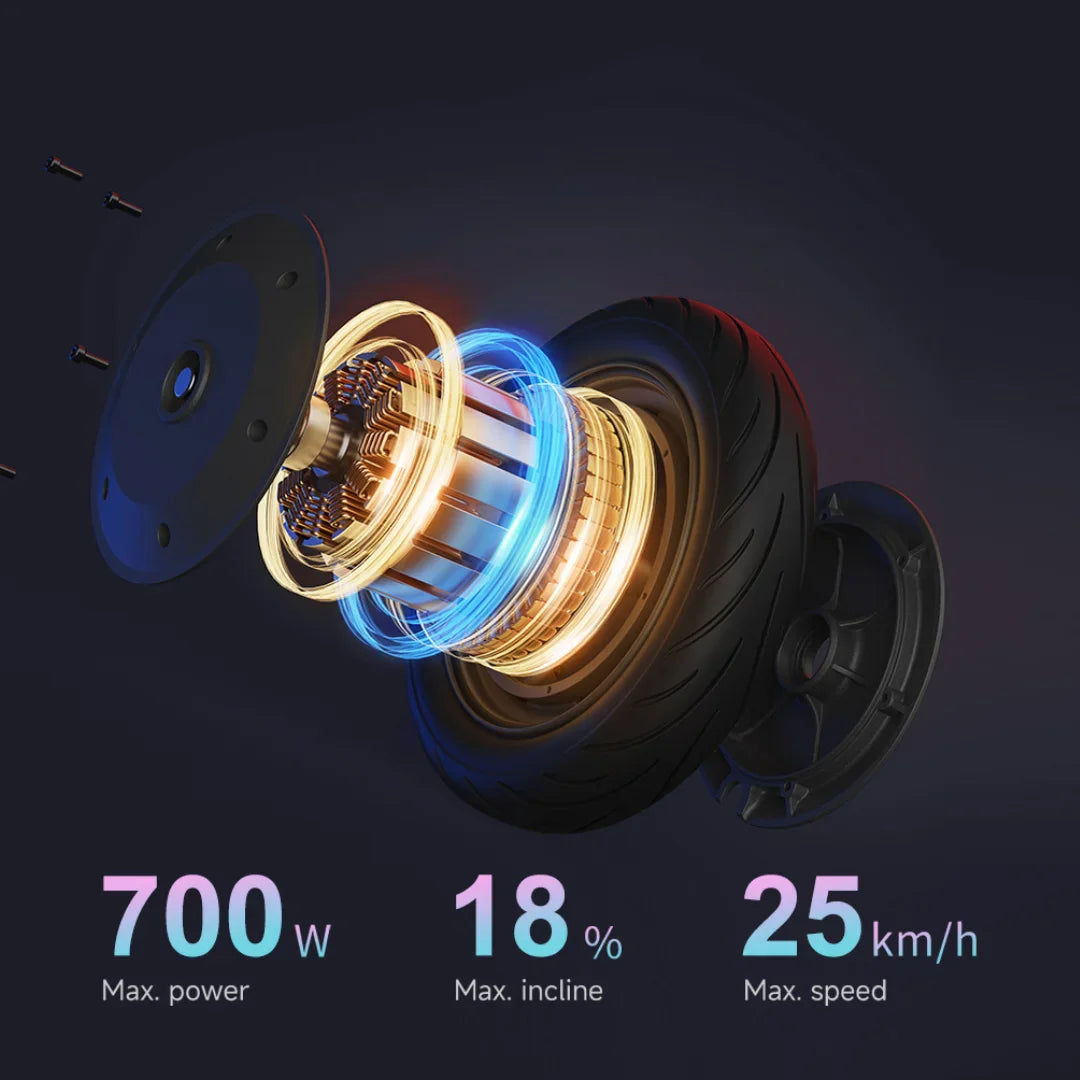Electric Scooter Navee V50i Pro features a powerful 700W motor, handling inclines up to 18% and speeds of 25 km/h.