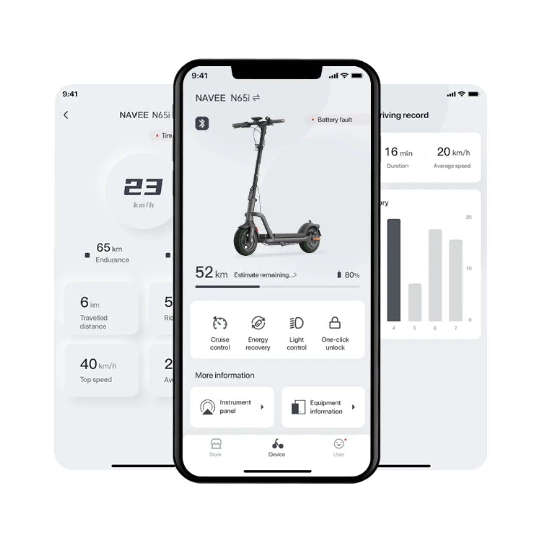 Electric Scooter Navee N65i, featured on an app display, shows metrics like speed, distance, and battery life.