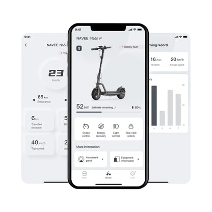 Electric Scooter Navee N65i, featured on an app display, shows metrics like speed, distance, and battery life.