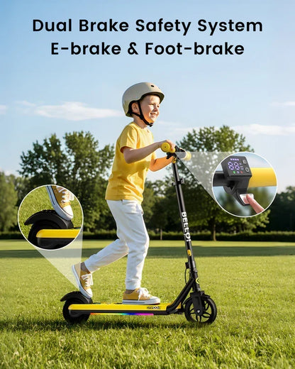Electric scooter Gyroor H30 MAX – child riding scooter with brake system callouts