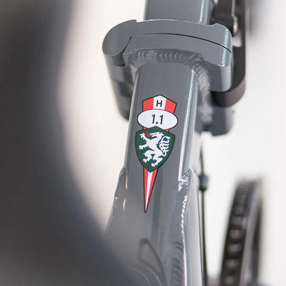 Posnetek od blizu prikazuje okvir z logotipom Electric Bike Puch H 1 1 in podrobnosti oblikovanja.