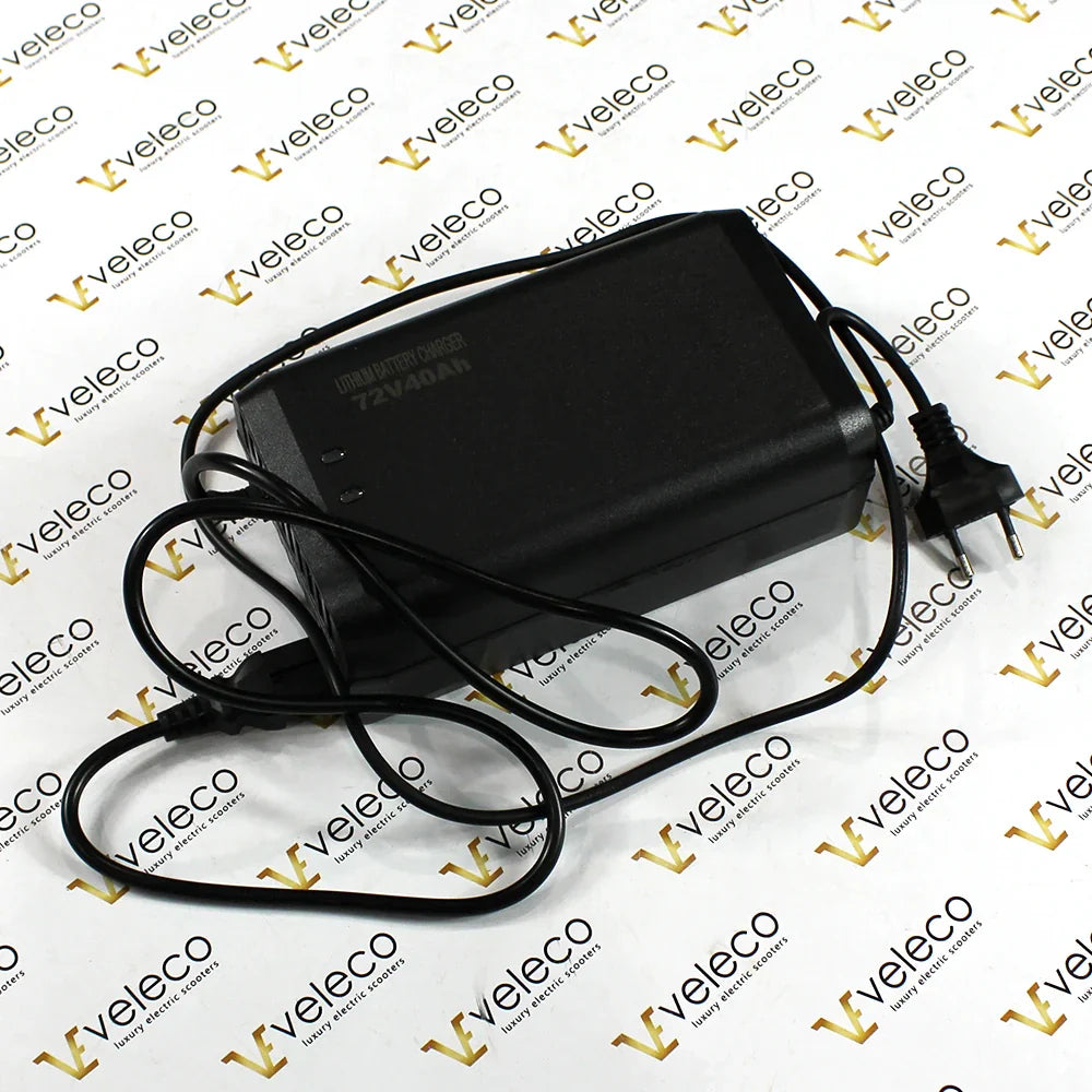 72V Lithium Battery Charger for Veleco Sagitta – black battery charger with cables