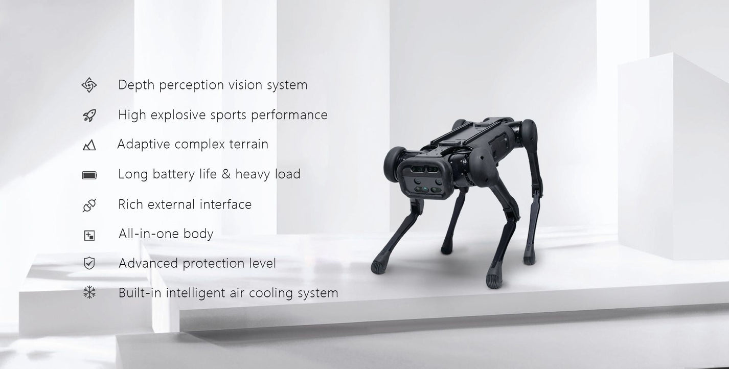 Unitree AlienGo – front three-quarter view with features list
