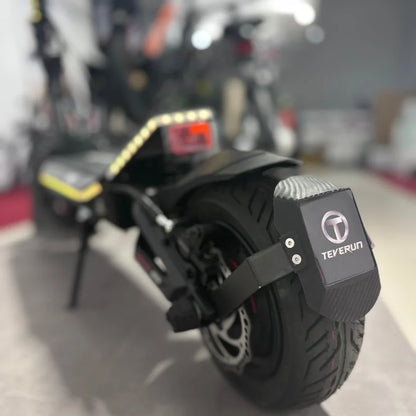 Electric Scooter Teverun Fighter Mini Pro 2025, sleek design, robust tire, distinctive branding, rear illumination.