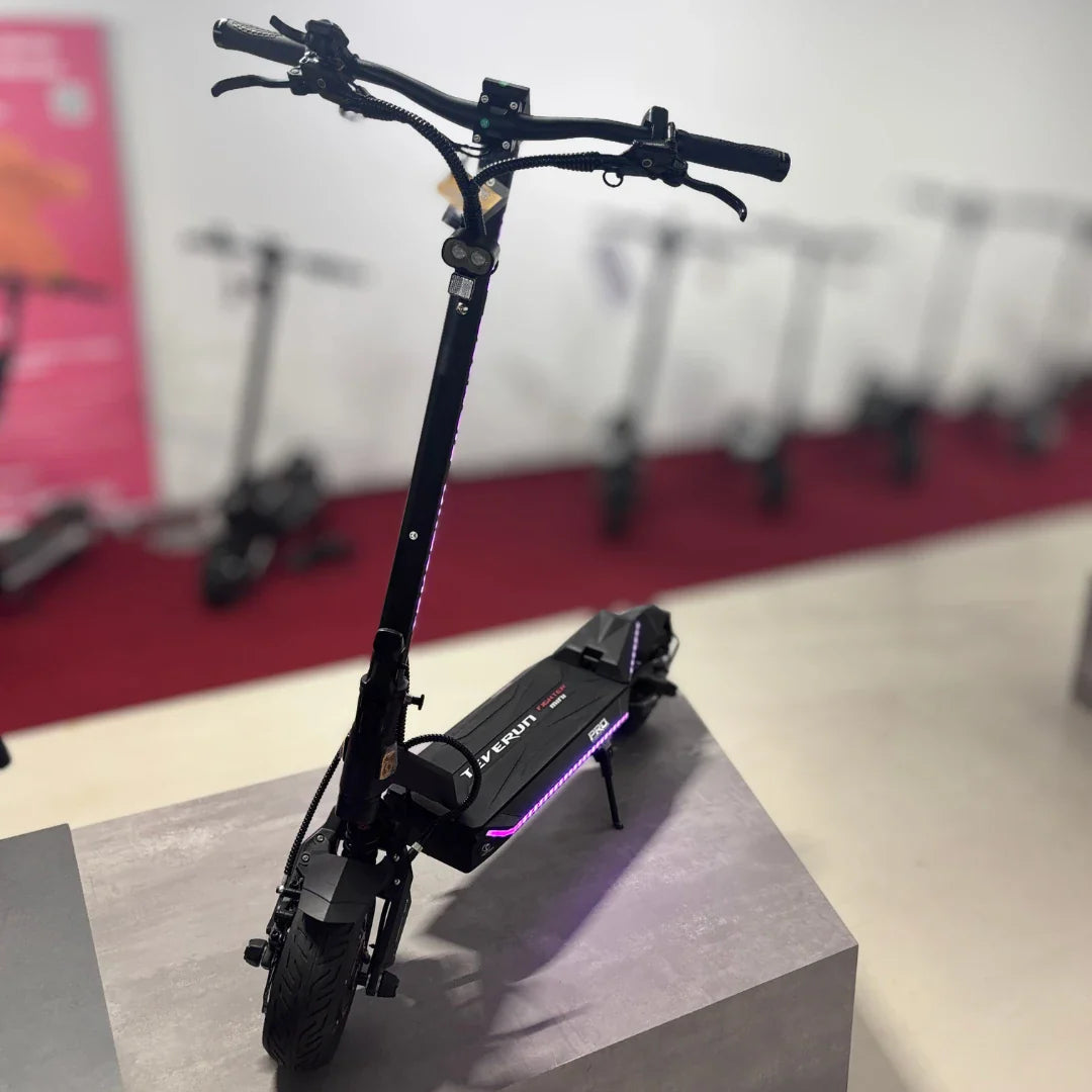 Electric Scooter Teverun Fighter Mini Pro 2025, sleek black design with LED accents, robust frame and modern features.