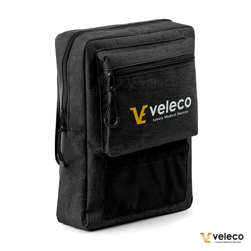 Side armrest bag for Veleco mobility scooters – front view of black fabric bag