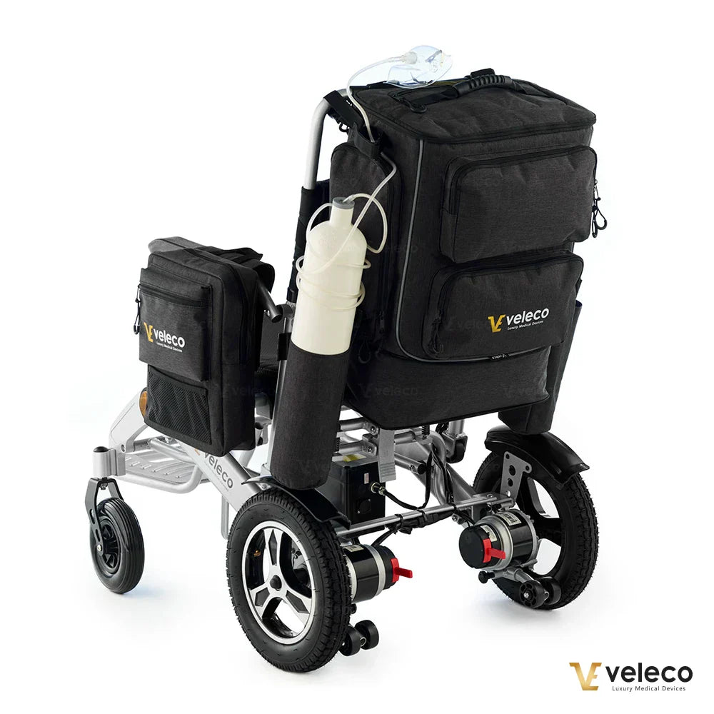 Mobility scooter and wheelchair storage bag – rear view on wheelchair with oxygen tank