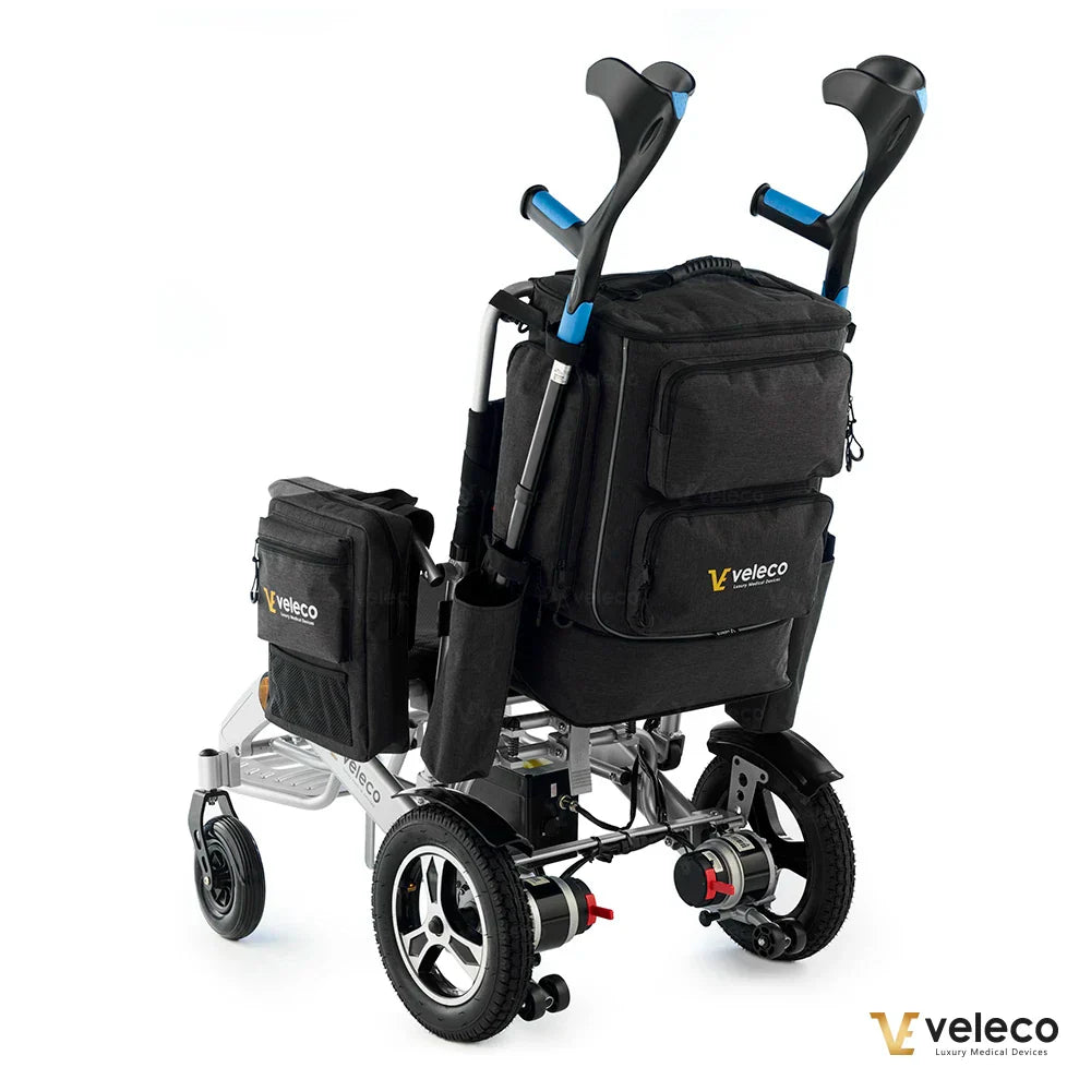 Mobility scooter and wheelchair storage bag – rear view on wheelchair with crutches