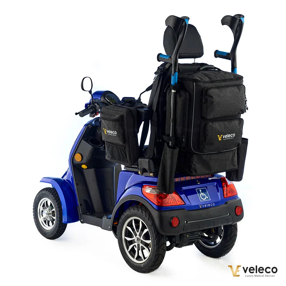 Mobility scooter and wheelchair storage bag – rear view with crutches