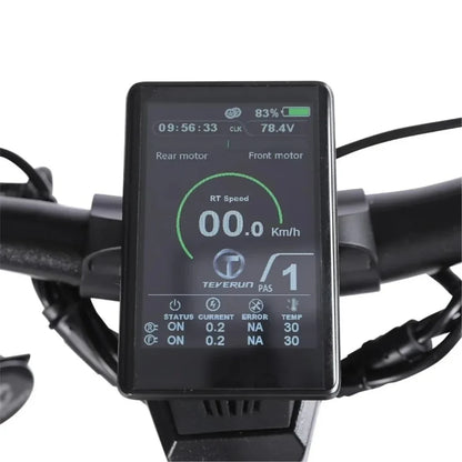 Electric Scooter Teverun Fighter 11 Plus, features a digital display showing speed, motor status, and battery level.